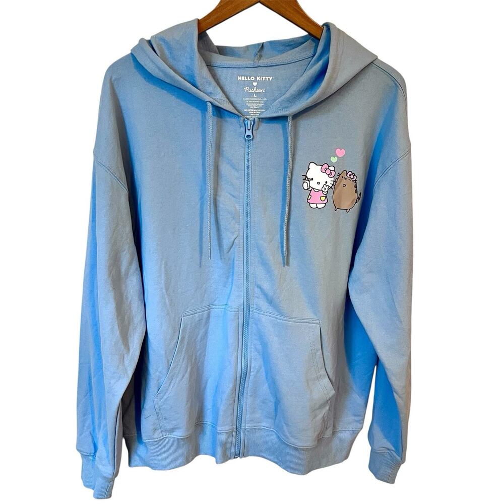 Hello Kitty x Pusheen Full Zip Hoodie Women’s Large Baby Blue Sanrio Graphic EUC